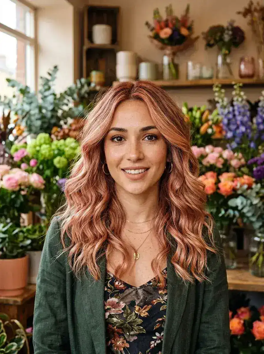 Dame med rosa balayage og løse beach waves, fotografert foran blomster