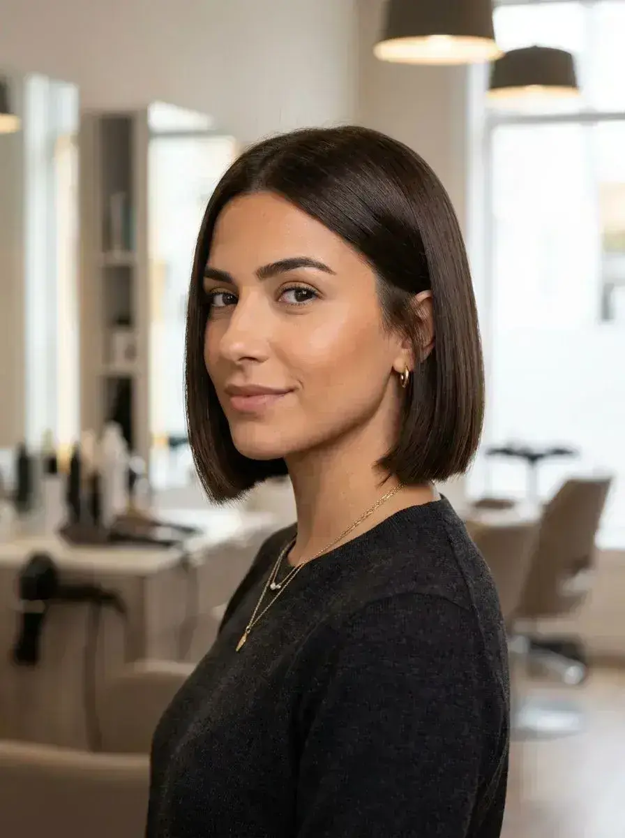 Sleek mørk brun blunt bob med midtskill og rett, glatt tekstur