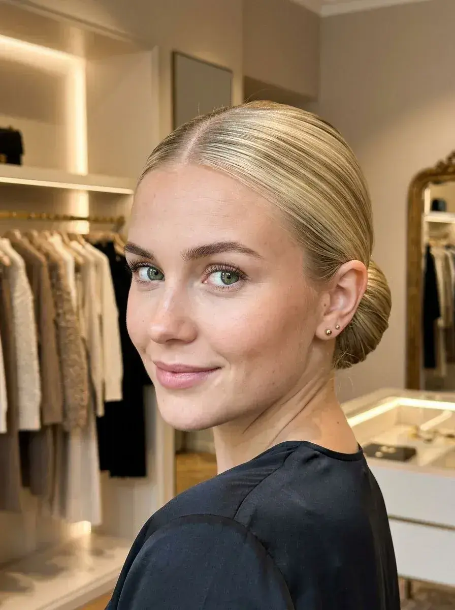 Oppsatt hår – Ung dame med sleek blond chignon og midtskill, fotografert i klesbutikk
