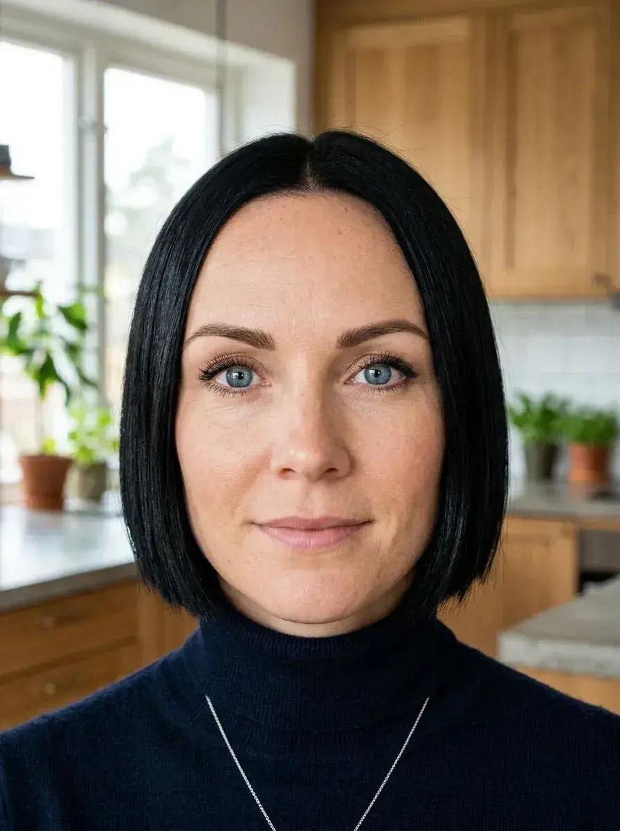 Dame med sleek svart bob med midtskill og rett, blank finish