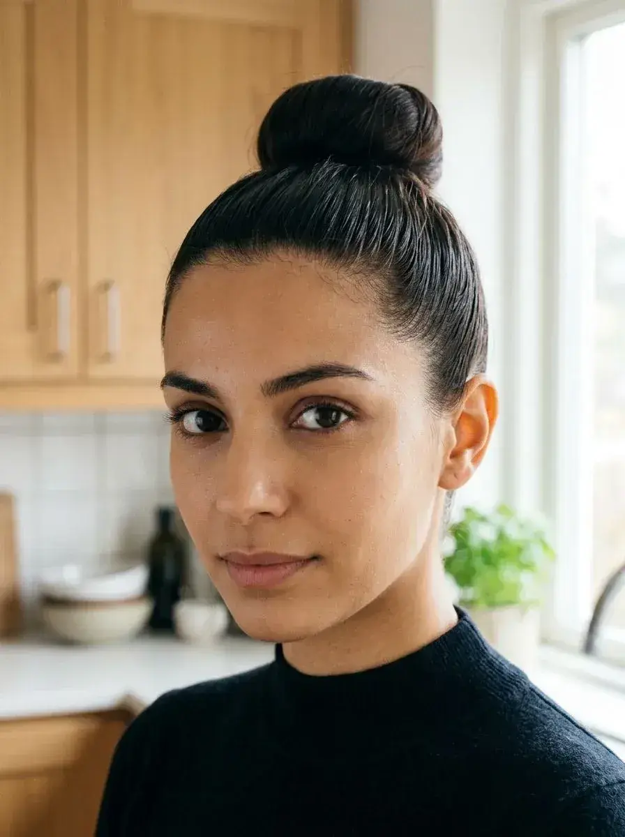 Dame med svart hår i sleek top knot, glatt bakover og samlet i en høy knute