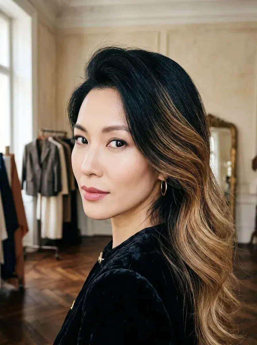 Langt svart hår med blond ombre og store, myke bølger, sideparti og blank finish.