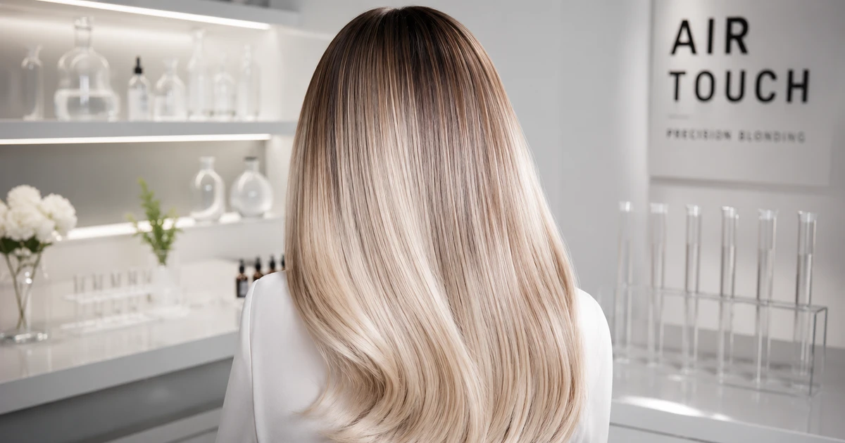 Air Touch behandling hår - kvinne med langt, blondt hår med luftig, naturlig look i moderne salong.