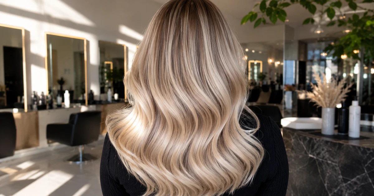 AirTouch hår behandling - langt, bølget hår med blond balayage i moderne frisørsalong