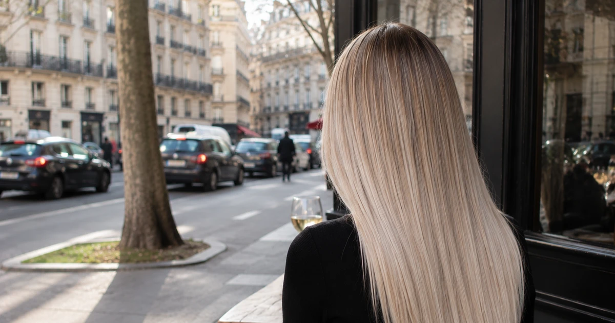 Airtouch hår pris: kvinne med langt, blondt balayage-hår sitter på kafé i Paris.