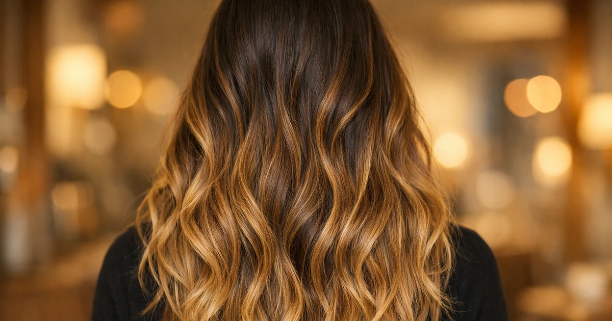 Balayage i langt hår sett bakfra, med gradient fra mørke røtter til solkyssede, lyse tupper