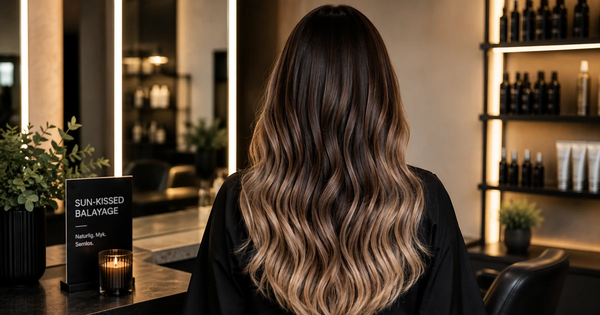 Balayage hos frisør: kvinne med sun-kissed balayage hårfarge i moderne frisørsalong med speilvegg og belysning.