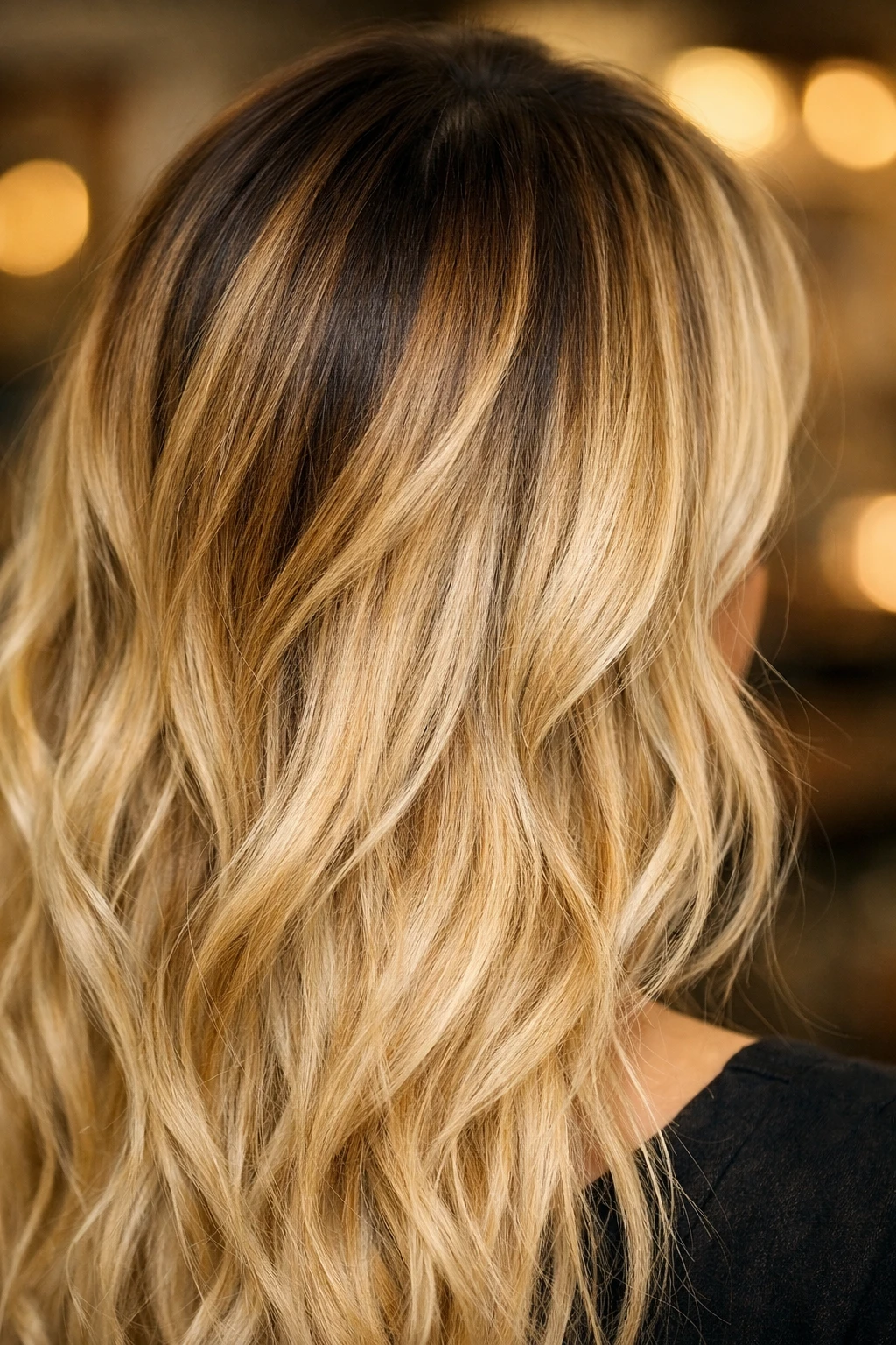 Balayage reverse-teknikk, mørkere toner ved roten i blondt hår
