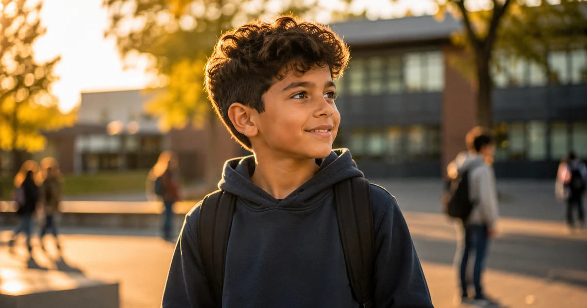 Barneklipp gutt 9 år smiler på skoleplassen med ryggsekk og mørk hoodie