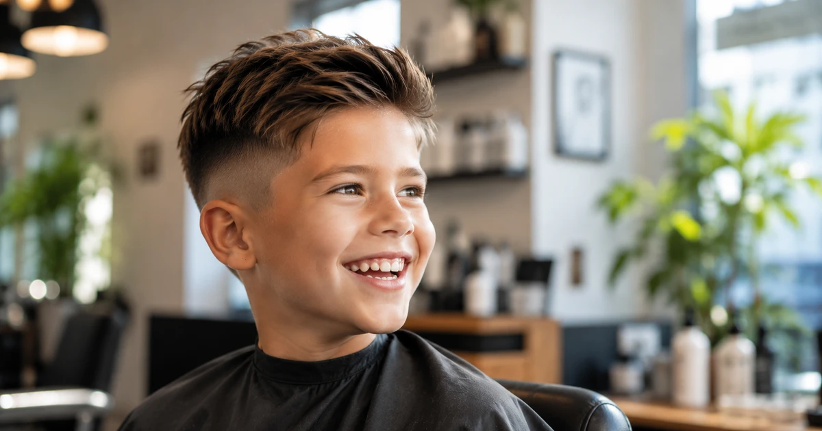 Barneklipp gutt med moderne fade-frisyre i frisørsalong med smilende gutt.