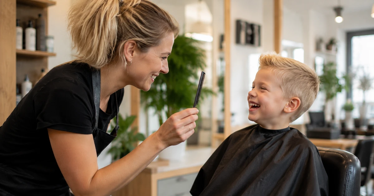 Barneklipp pris: frisør klipper smilende gutt i salon med omsorgsfullt fokus