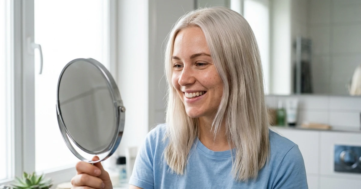 Bleking hårfarge - kvinne med langt platinblondt hår smiler mot speil hjemme.