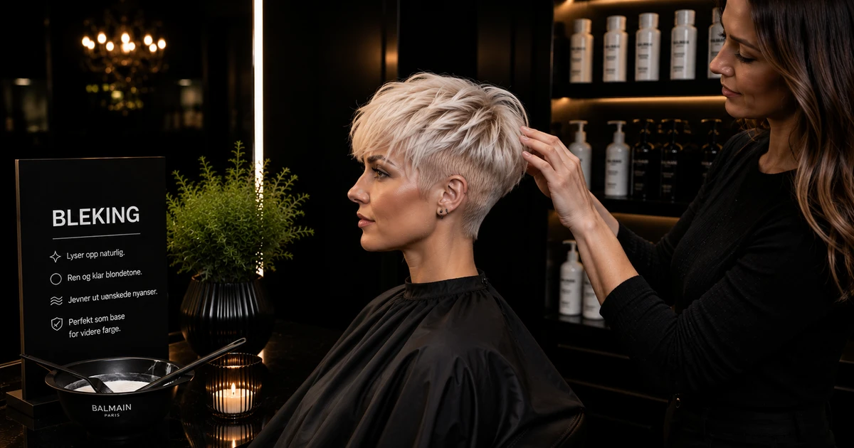 Bleking hos frisør: kvinne med kort platinablondt hår får behandling av frisør i moderne salong.