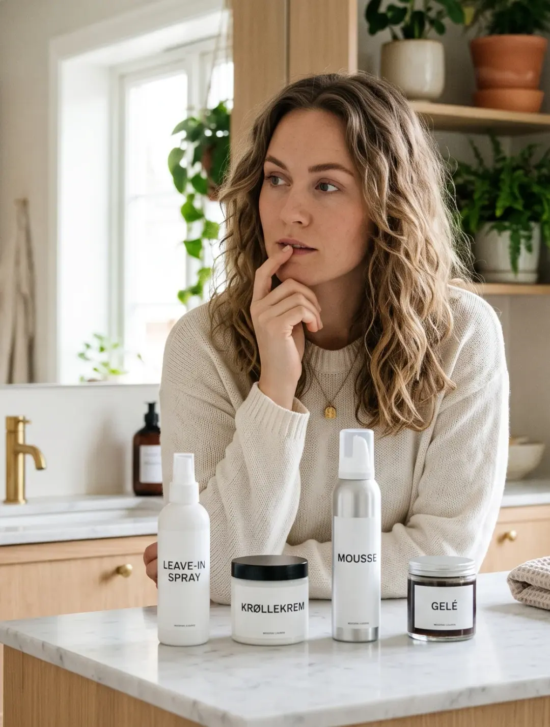 Kvinne med bølget hår som viser hårprodukter: leave-in spray, krøllekrem, mousse og gelé for fukt, definisjon og hold.