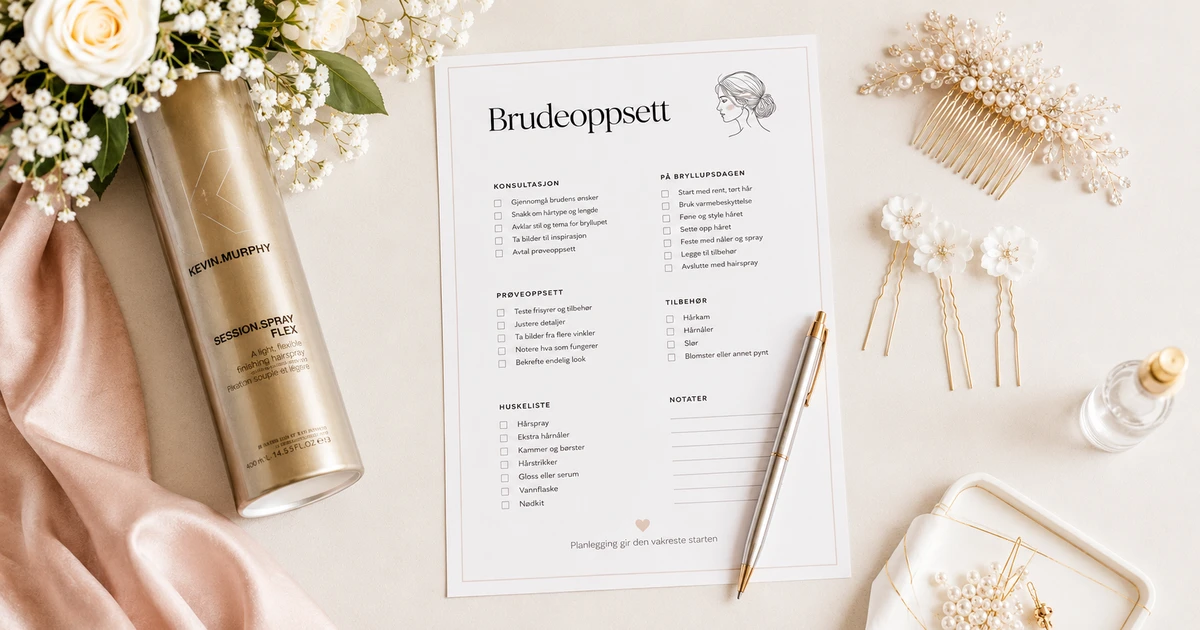 Brudeoppsett hår sjekkliste med bridal styling guide, hårspray og bryllupstilbehør.