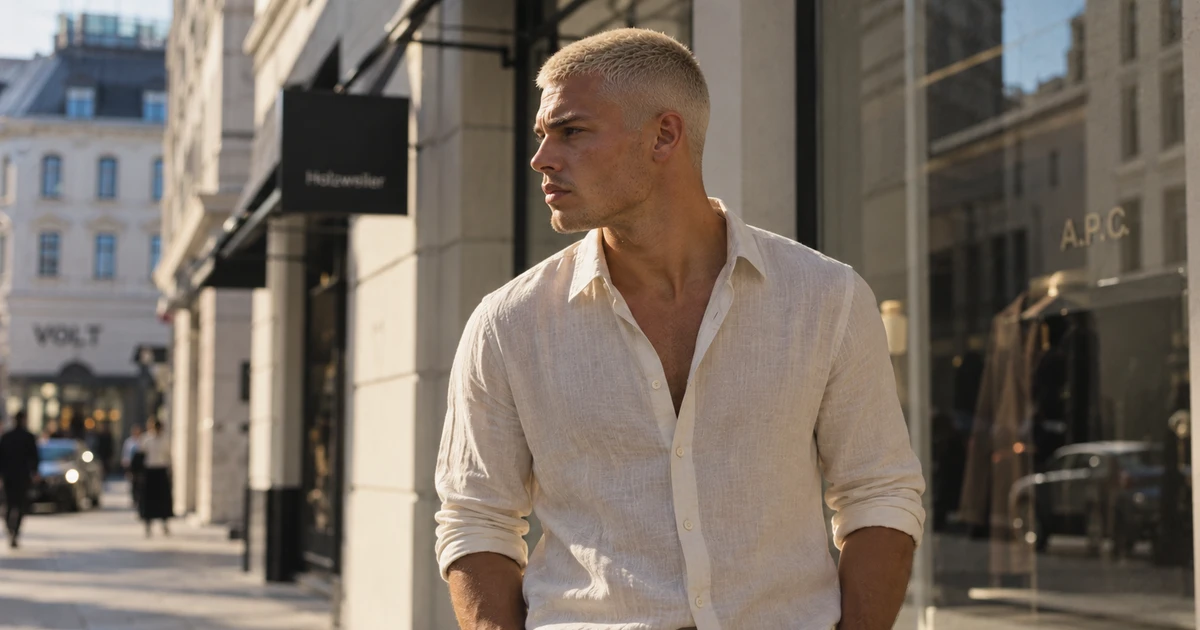 Buzz cut blondt hår: Mann med kort blondt hår i urbant miljø, iført hvit skjorte.