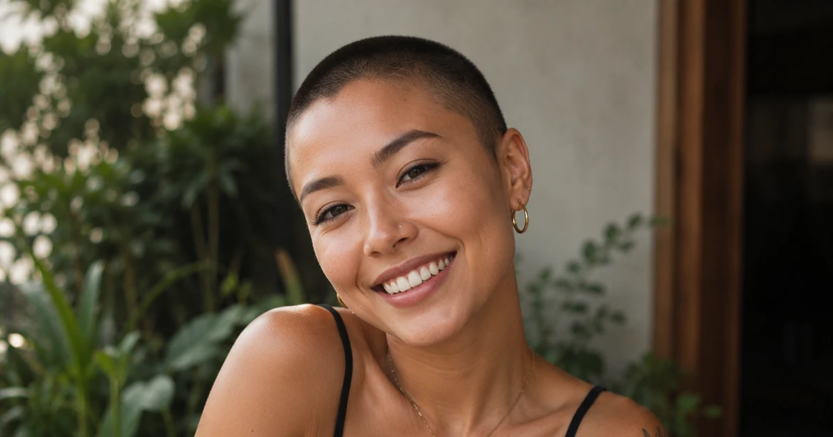 Buzz cut for damer: kort frisyre med selvtillit og stil på smilende kvinne med øreringer og tatovering.
