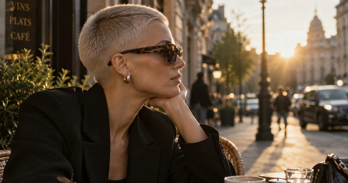 Buzz cut lyst hår: kvinne med kort grått hår og solbriller sitter på kafe i byen