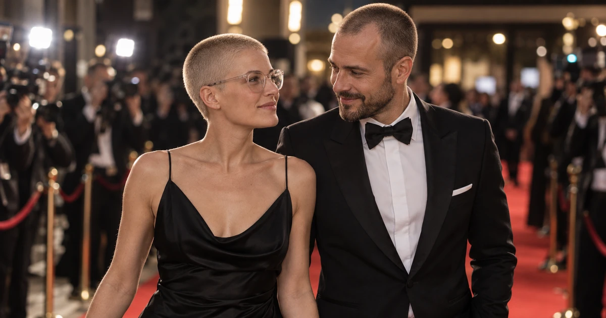 Buzz cut tynt hår: elegant par i sorte formelle klær på rød løper.