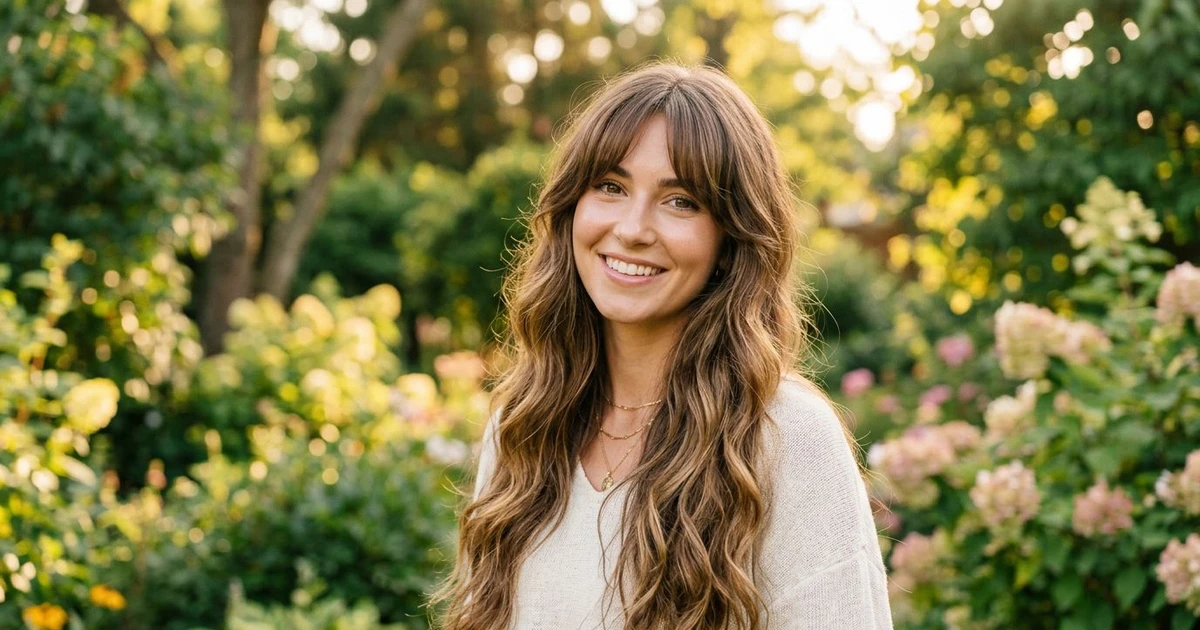 Curtain bangs long hair: kvinne med lange brunt hår, pandehår og naturlig smil i hage med blomster