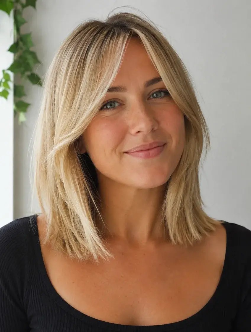 Kvinne med blonde curtain bangs på rett hår, sort topp, stilig frisyre mot hvit bakgrunn.