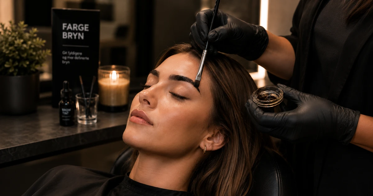 Farge bryn hos frisør: kvinne får profesjonell brynstyling og fargning av erfaren stylist.
