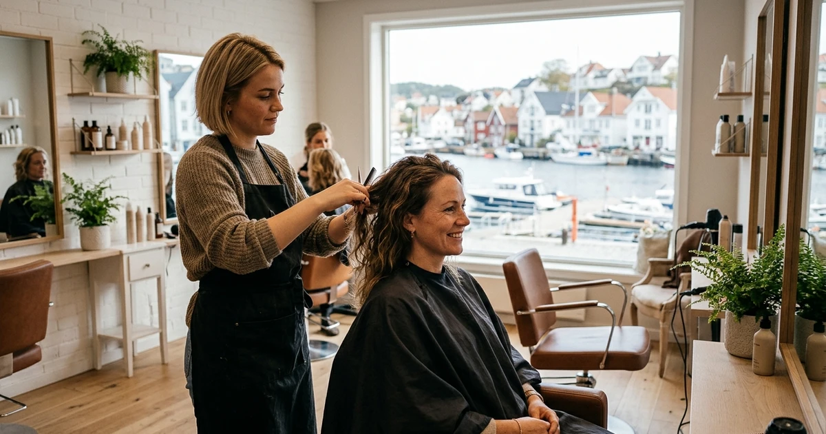 Frisør Arendal: frisør jobber med kundens hår i en moderne salong med utsikt over havnen