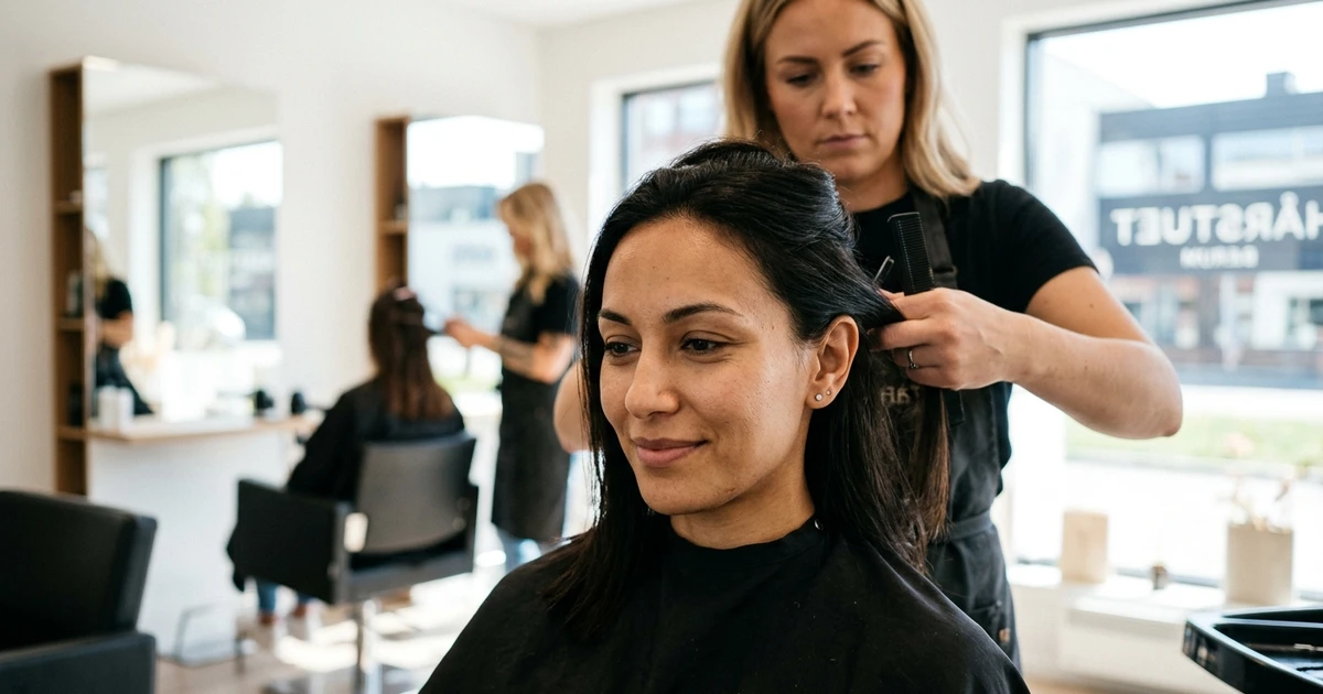 Frisør Bærum - stylist klipper hår på kvinne i moderne salong