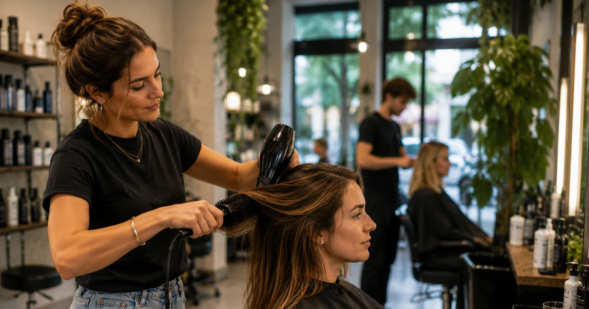 Frisør Bergen - faglig frisør style håret til kvinne med føhn og rund børste i moderne salong