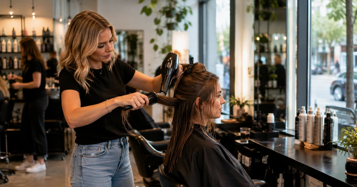 Frisør Drammen - frisør stil håret til kunde med hårtørker og børste i salon