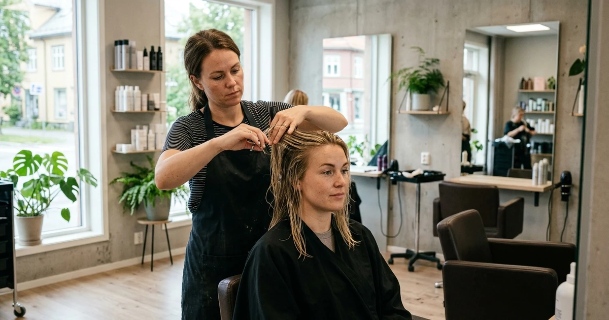 Frisør Gjøvik: frisør styler blondt hår på en kunde i en moderne salong