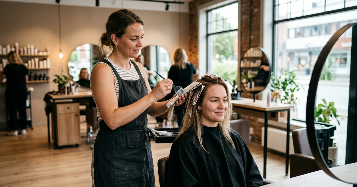 Frisør Jessheim: frisør styler kundens hår med børste og saks i en moderne salong