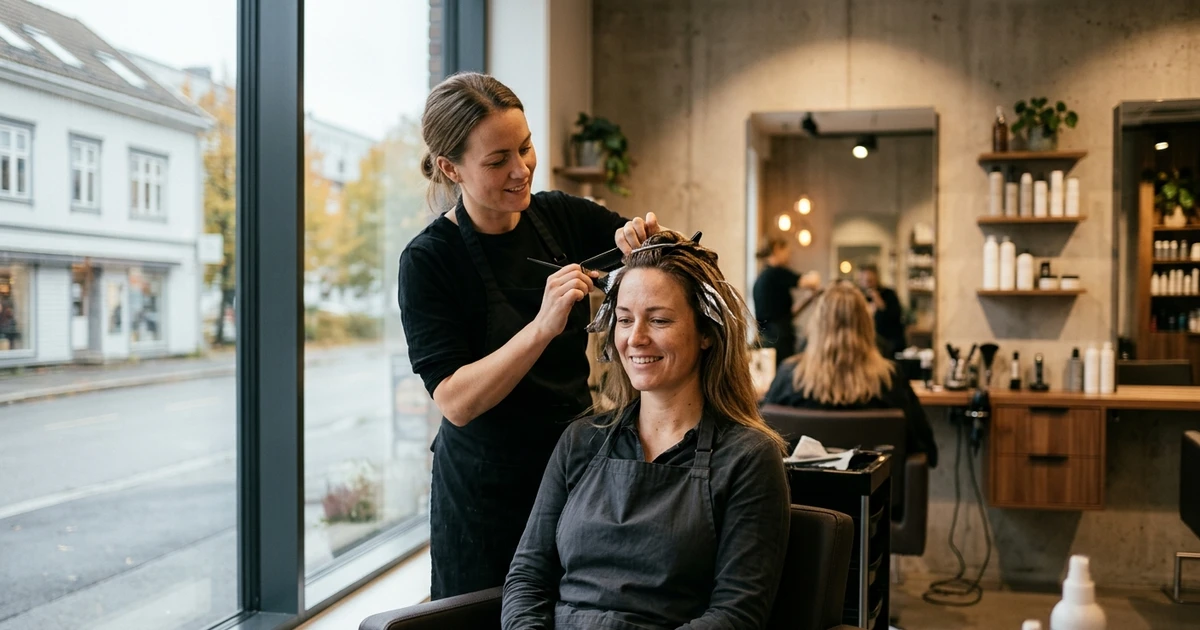 Frisør Skien: frisør styler kundens hår i en moderne salong med store vinduer