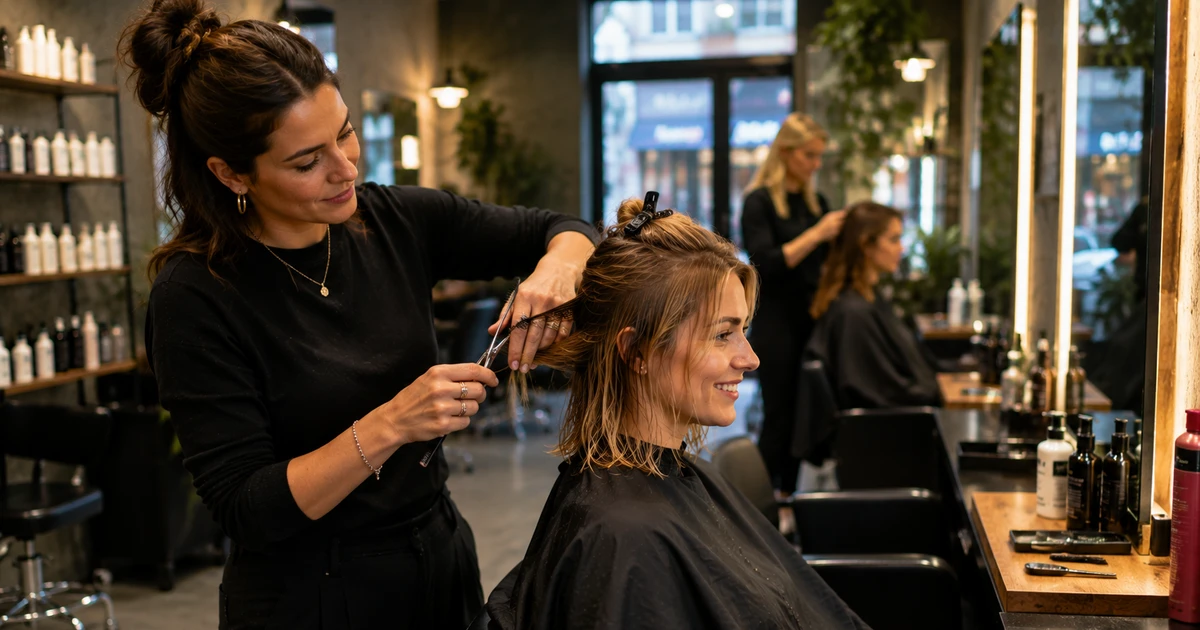 Frisør Stavanger - en frisør som klipper og styler håret til en kvinnelig kunde i en modern salong