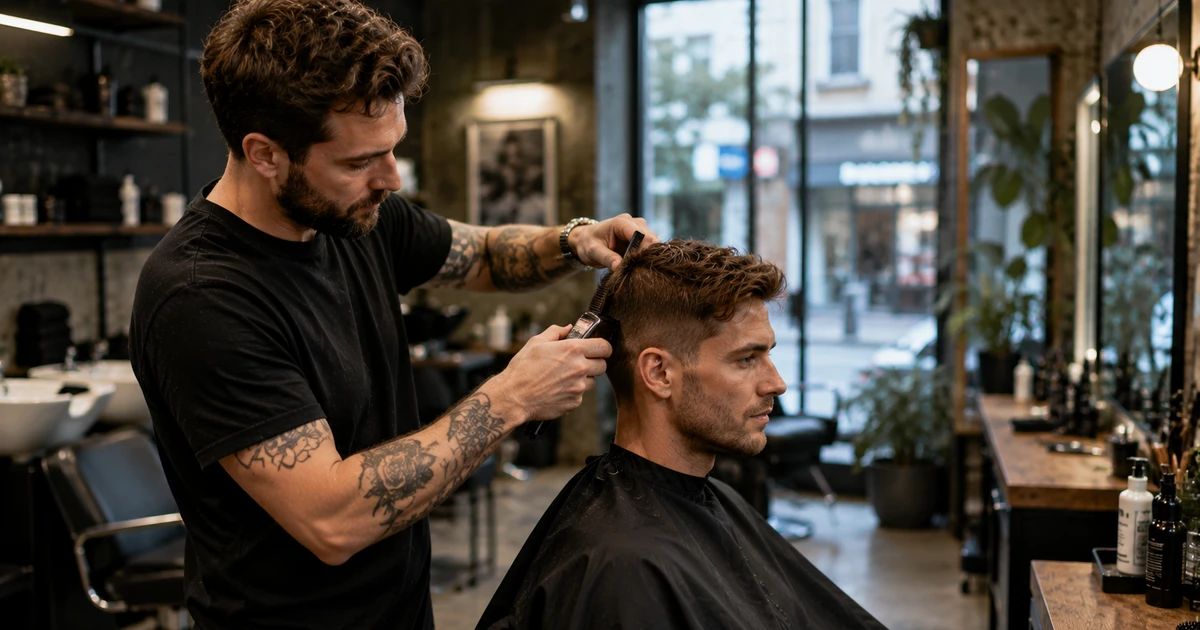 Frisør Tromsø - profesjonell barber klipper håret på kunde i moderne salon