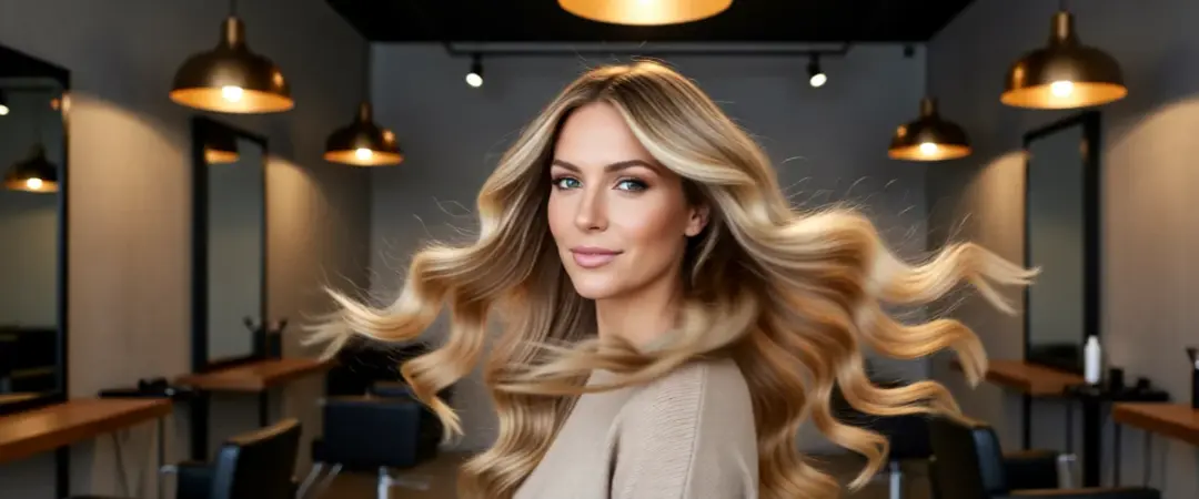Frisyrer for tykt hår: kvinne med langt, bølgende, voluminøst hår i salon med speil og belysning.