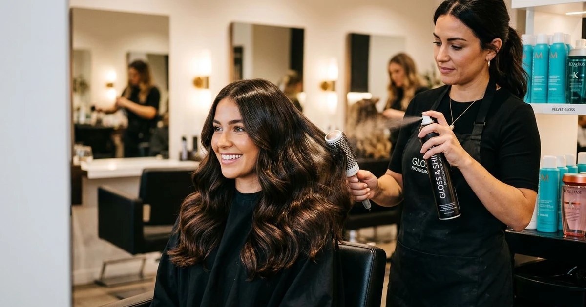 Glossing hår: Frisør som sprayer gloss-behandling på kvinnes lange, mørke lockede hår på salon.