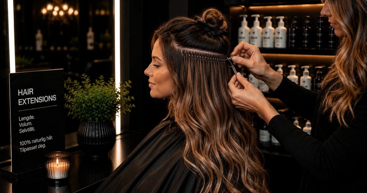Hair extensions hos frisør: Stylist monterer hårlengder i brun hårfarge på kundes naturlige hår