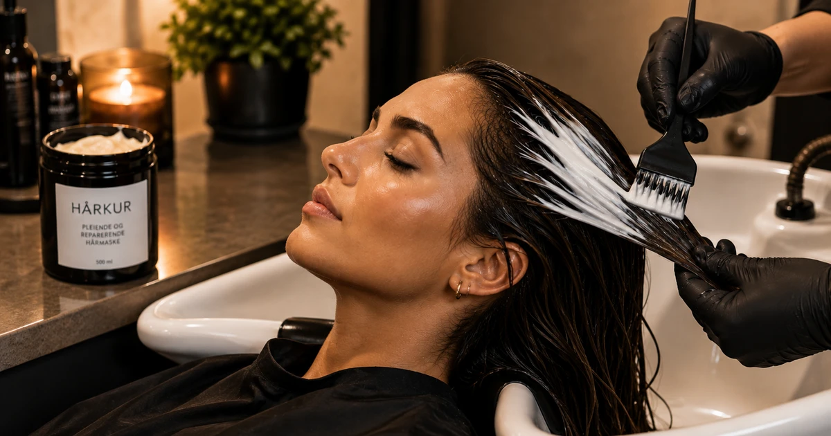 Hårkur hos frisør: kvinne får hårkurbehandling med børste og maske ved vask