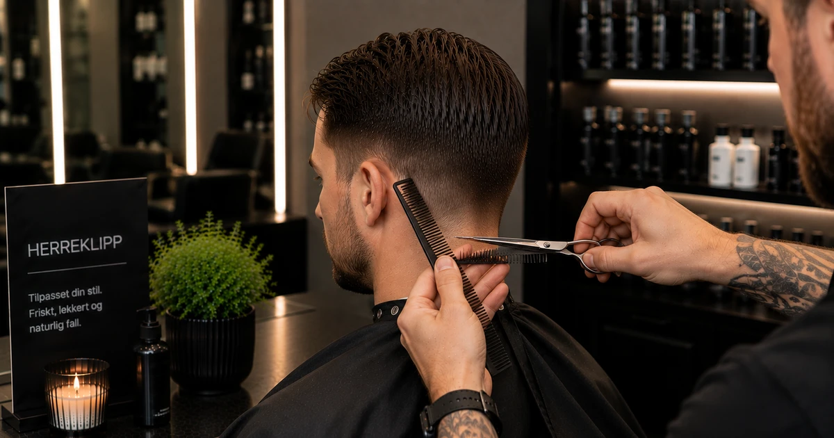 Herreklipp hos frisør: barbermeister klipper mannens hår med saks og kam