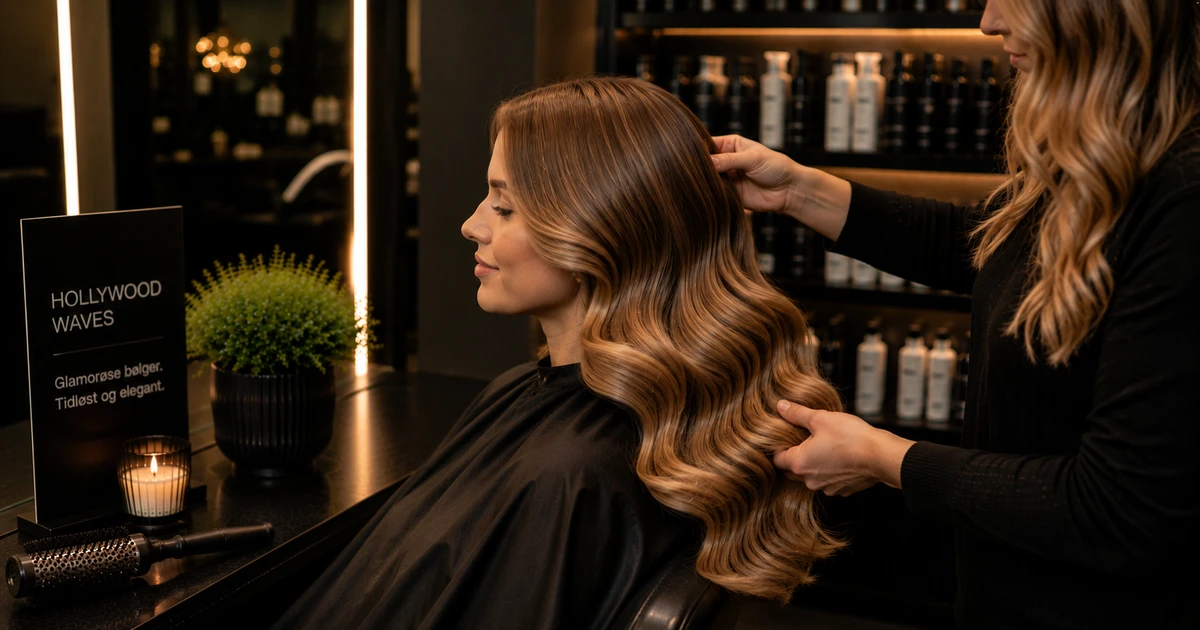 Hollywood blowdry hos frisør: frisør styling langt hår med volum og glansende bølger