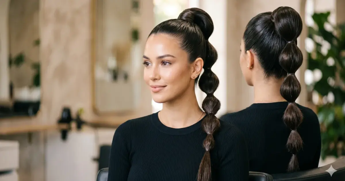 Høy bubble ponytail med sleek topp: slik får du salongfinish