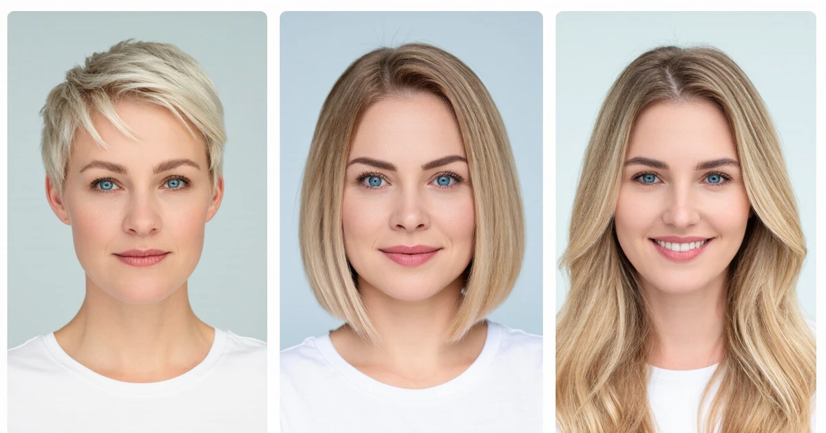 Hvilken frisyre passer meg: samme kvinne vist med pixie, bob og langt hår