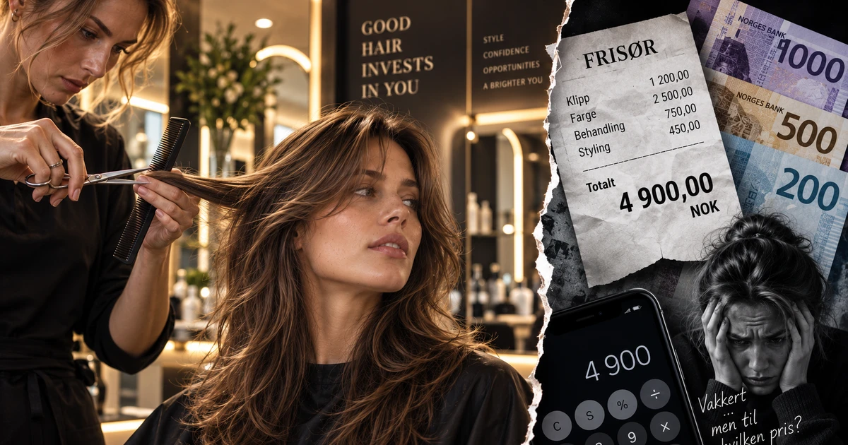 Hvorfor er frisøren så dyr - frisørkvittering på 4900 kroner med kalkulator og bekymret kvinne