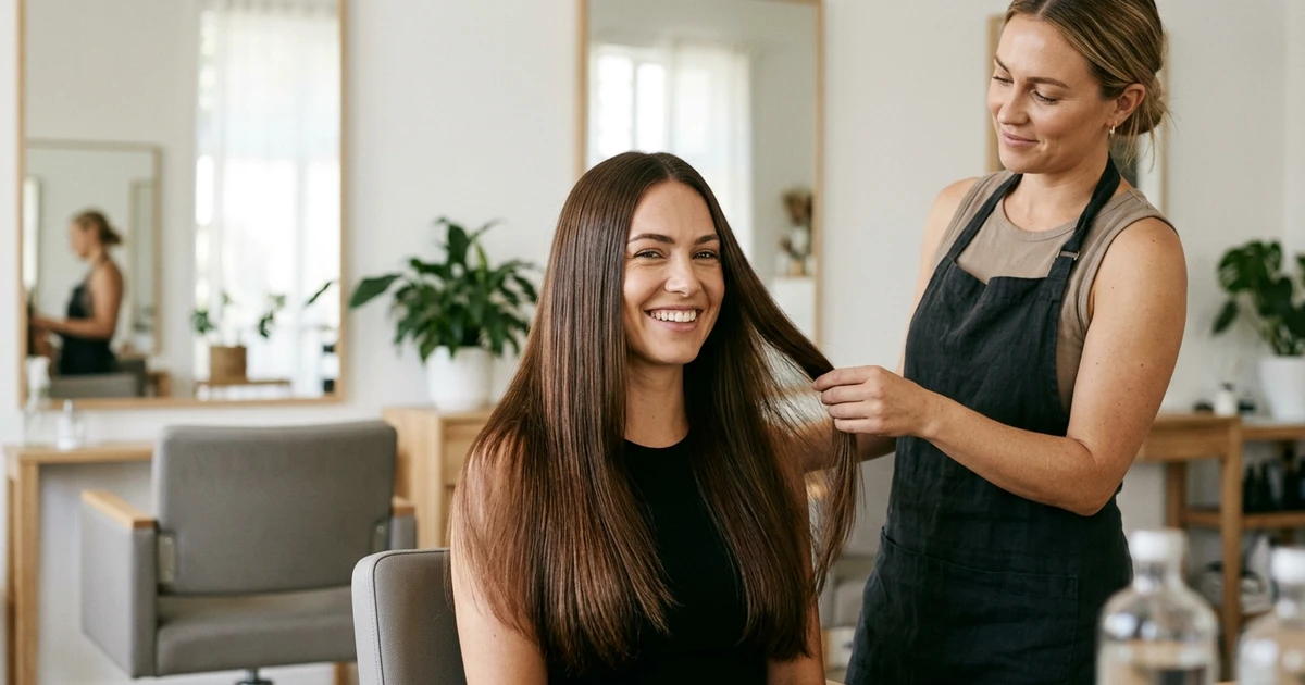 Keratin behandling blir utført av frisør på kvinnes lange brunt hår i salong.