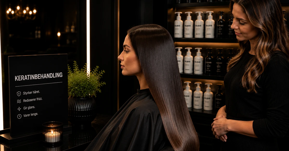 Keratinbehandling hos frisør - frisøren behandler kvinnens lange, glatte hår med keratin i moderne salong.