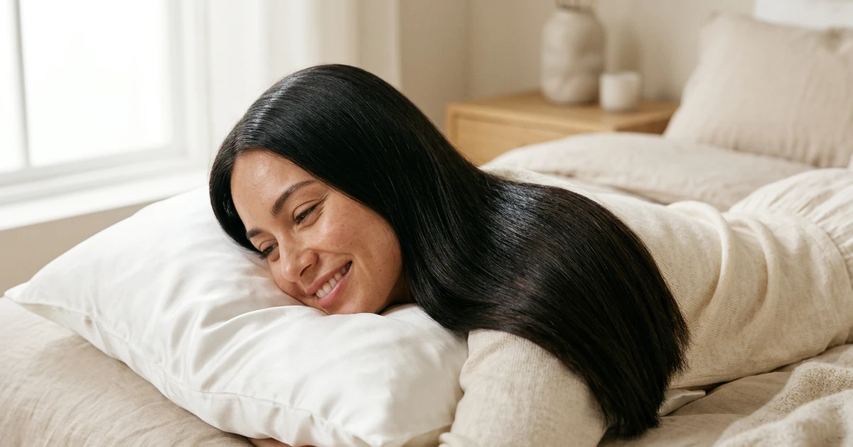 Keratinbehandling tips: Kvinne med glinsende, sunt og silkemykt hår ligger på sengen.