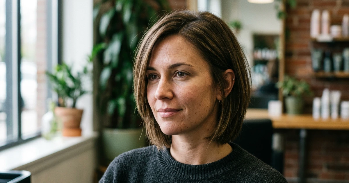 Korte frisyrer dame med brunt haar og moderne look i hjemmet