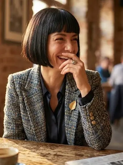 Kvinne med sorte bob frisyre og luftig lugg smiler. Kul bob frisyre 2026 stil.