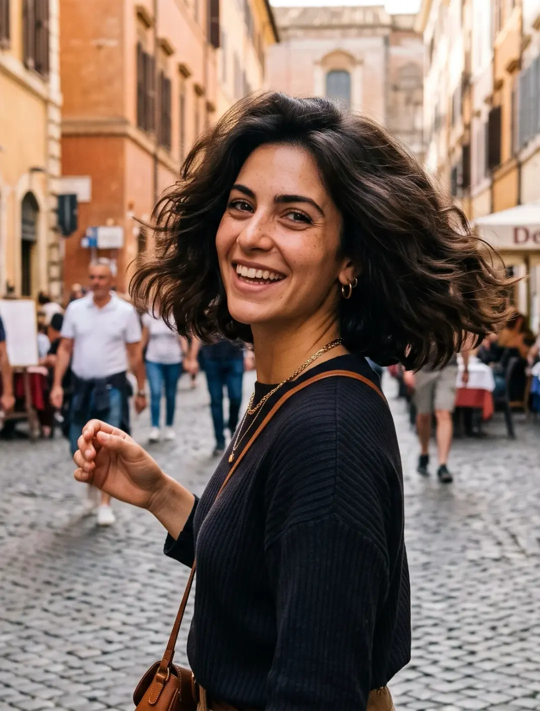 Kvinne med kort bølgete bob frisyre som smiler i en italiensk by, eksempel på kule bob frisyrer 2026.